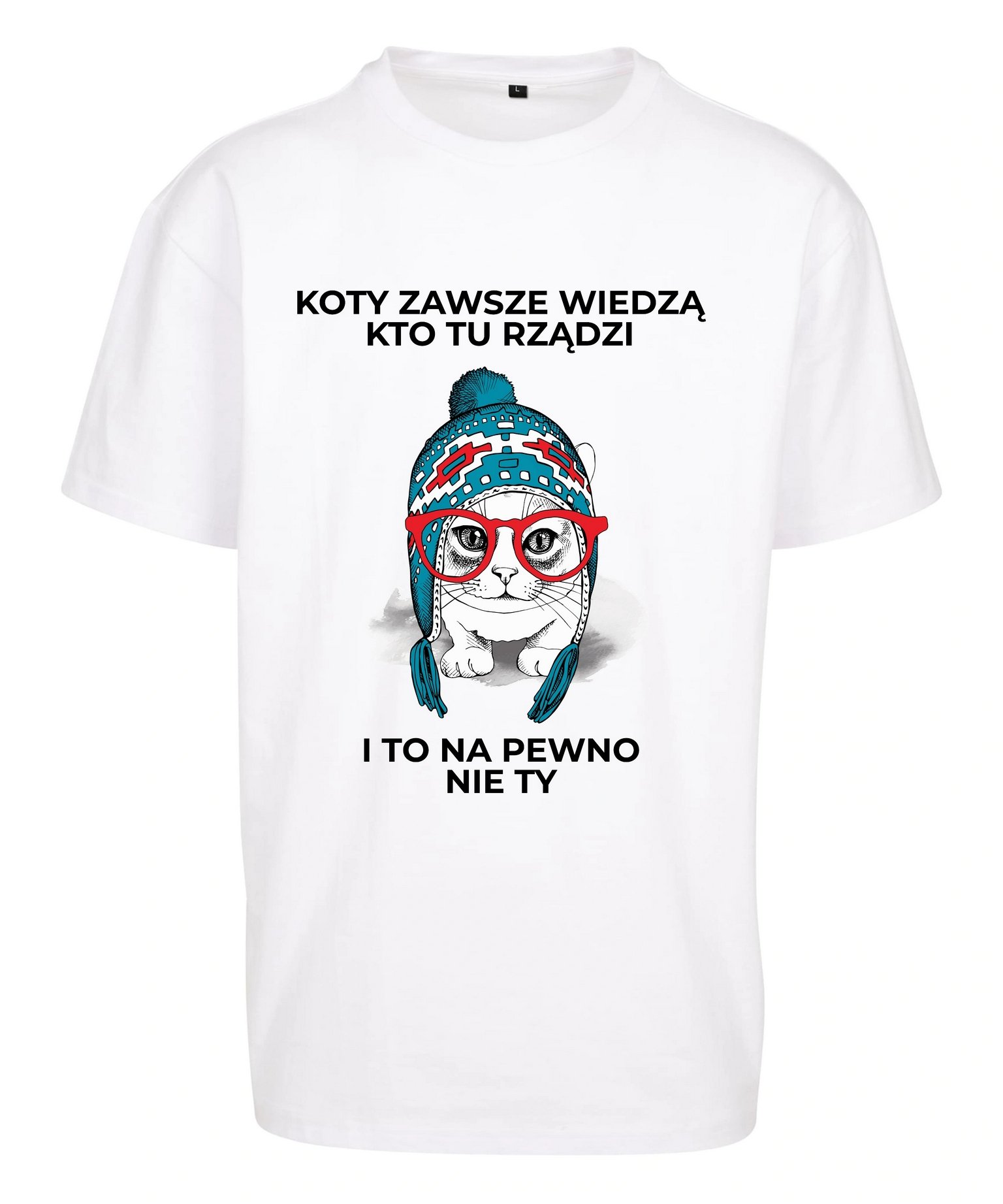 Oversize koszulka z kotem Koty zawsze wiedzą, kto tu rządzi
