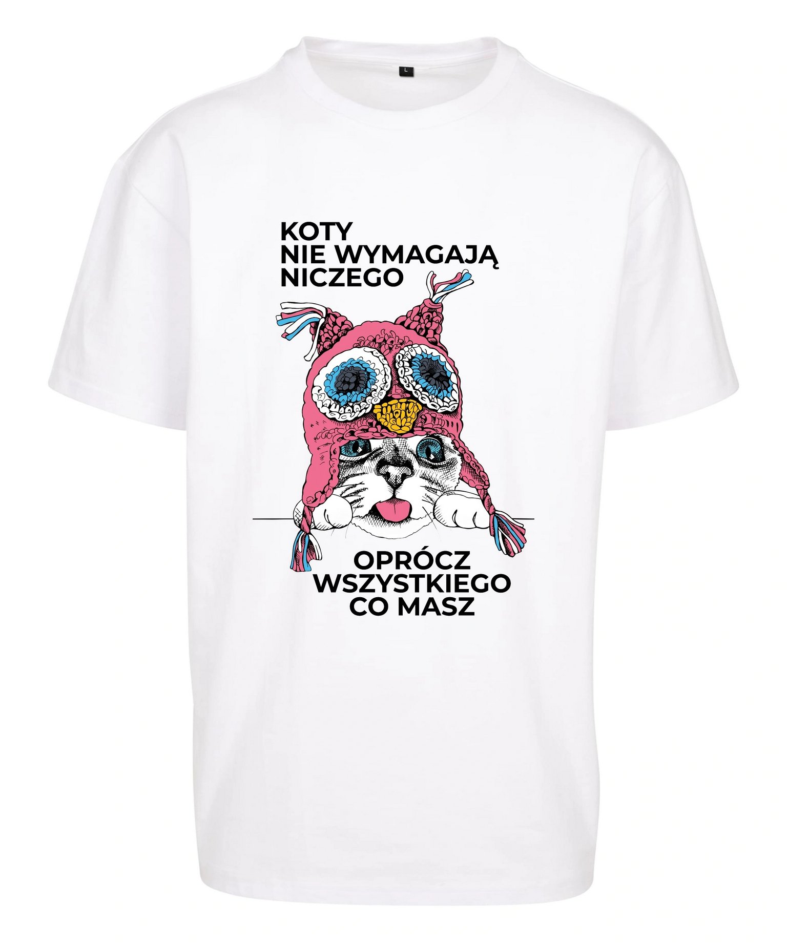 Oversize koszulka z kotem Koty nie wymagają niczego