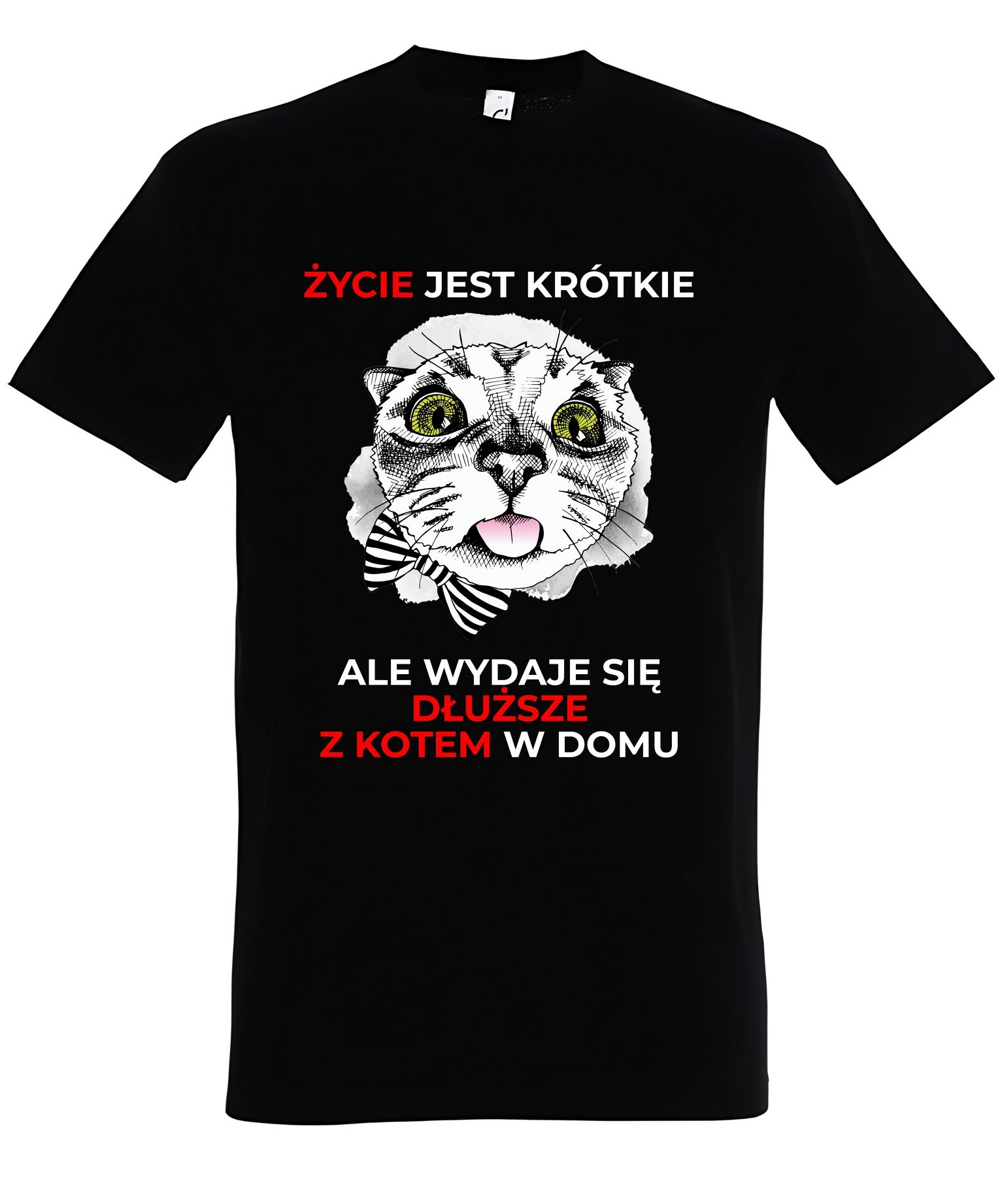 Klasyczna koszulka z kotem Życie jest krótkie, ale wydaje się dłuższe z kotem w domu