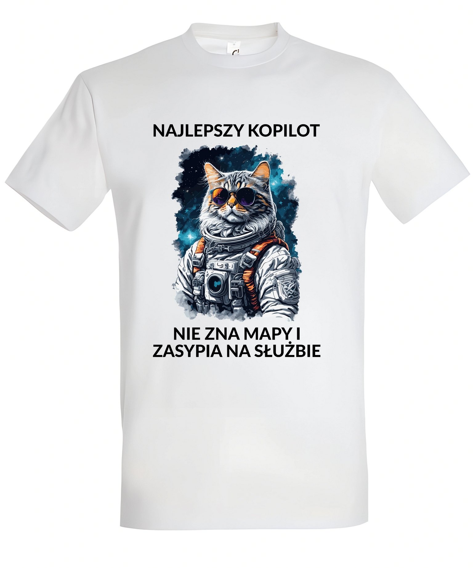 Klasyczna koszulka z kotem Najlepszy kopilot – nie zna mapy i zasypia na służbie